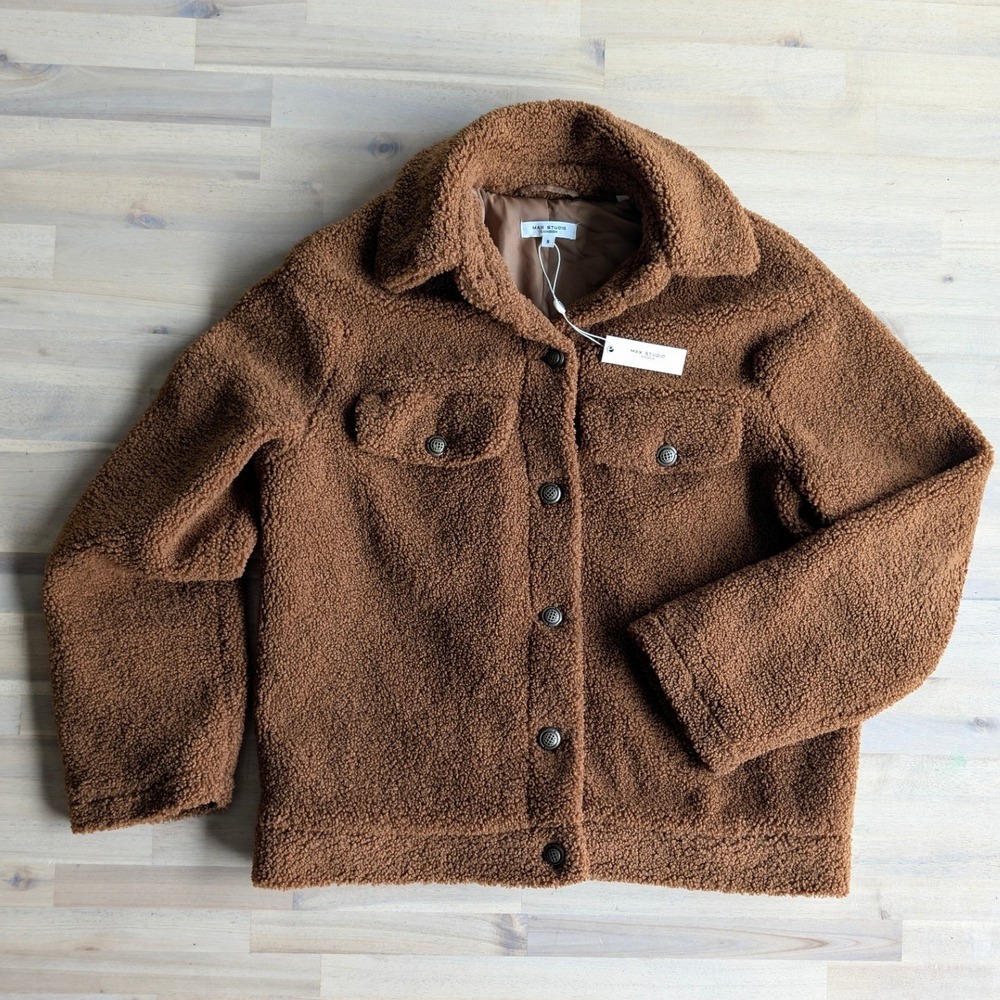 Max Studio London Camel Teddy Sherpa Fleece Jacket Button Front‎ NWT Small